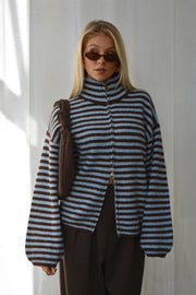 Women's Striped Zip-Up Knit Cardigan – Stand Collar, Loose Fit