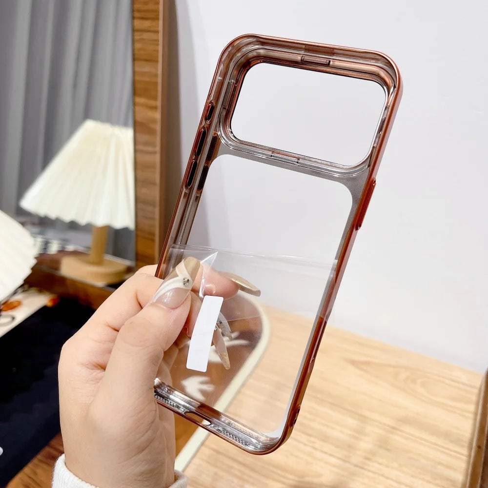 Plating Fold Glass Camera Stand Holder Clear Phone Case For iPhone 17 Pro Max 17 Pro Ultra Thin Transparent Shockproof PC Cover
