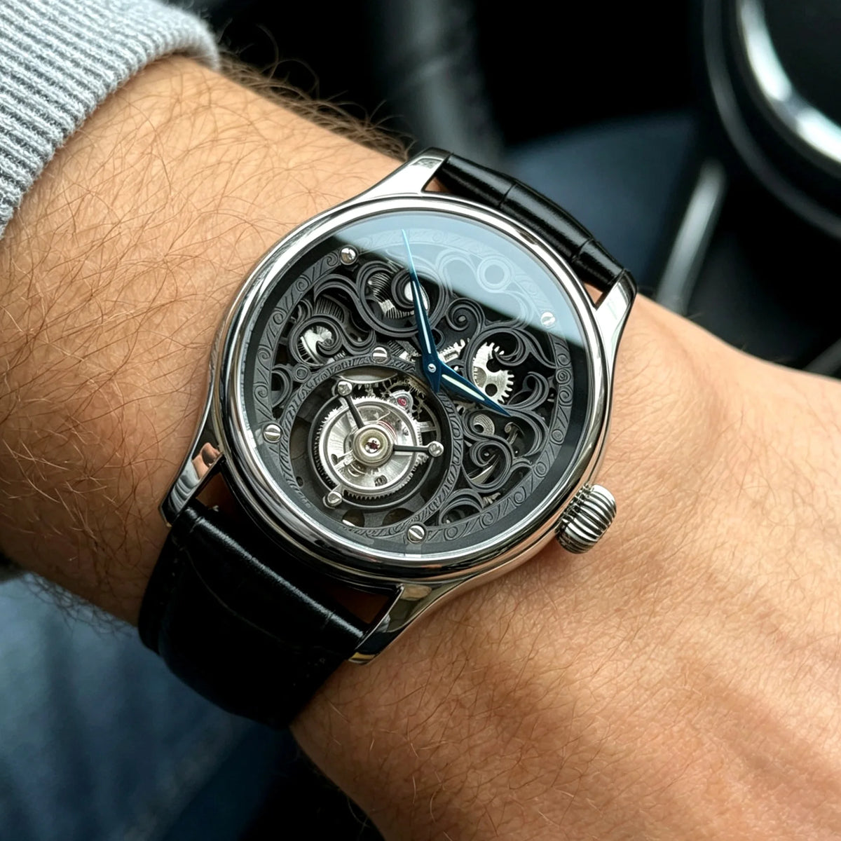 Merkur Men's Skeleton Tourbillon Watch – Sapphire, Engraved, Black