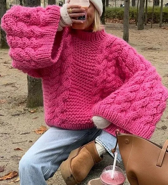 Women's Loose Lantern-Sleeve Knit Jumper – Cosy Winter Sweater