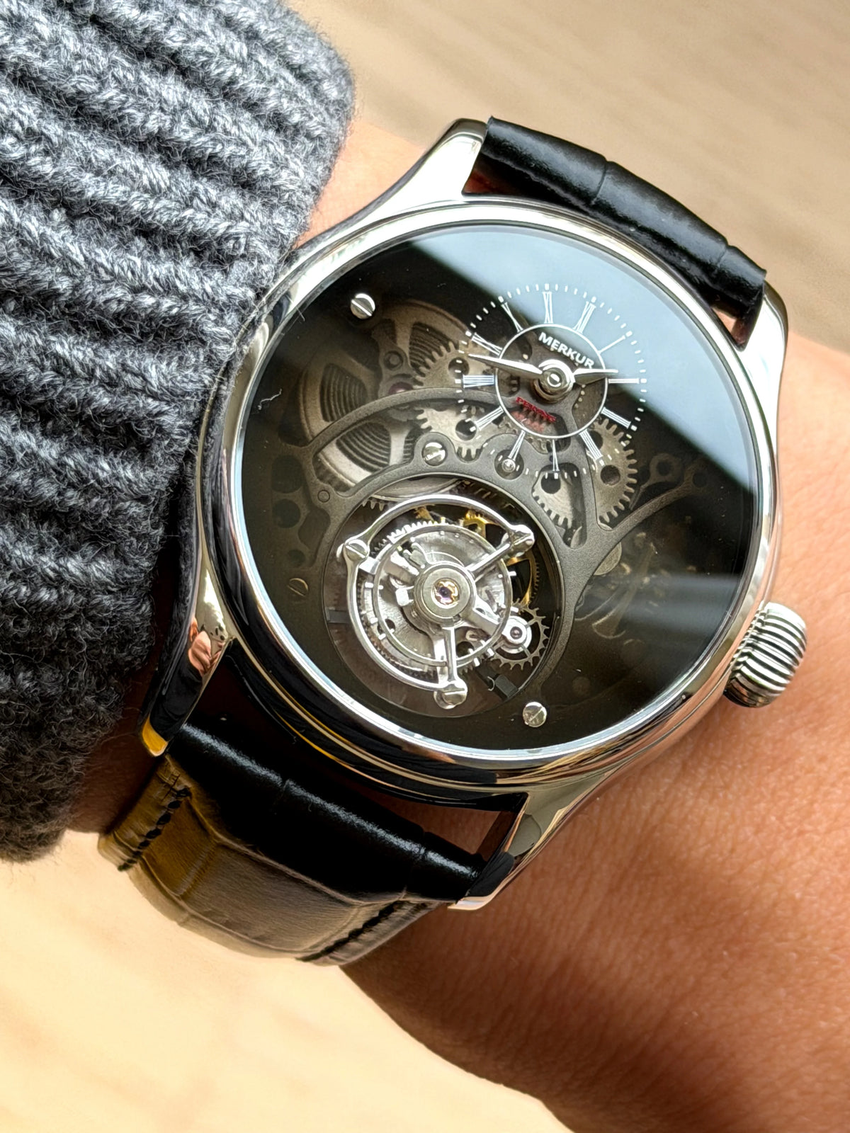 Merkur Men's Tourbillon Skeleton Watch – Sapphire, Transparent, 42mm