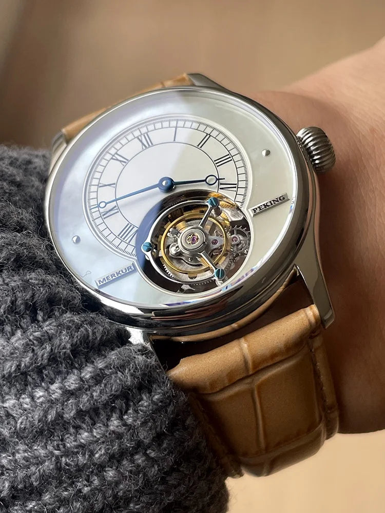 Merkur Men's Tourbillon Watch – Sapphire, Mother of Pearl Dial, 42mm