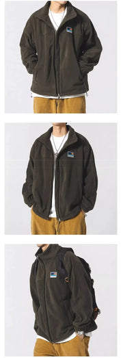 Autumn Men's Vintage Polar Fleece Jackets Appliques Zipper Loose Fit Outwear Lambswool Coat Winter Stand Collar Bomber Jacket