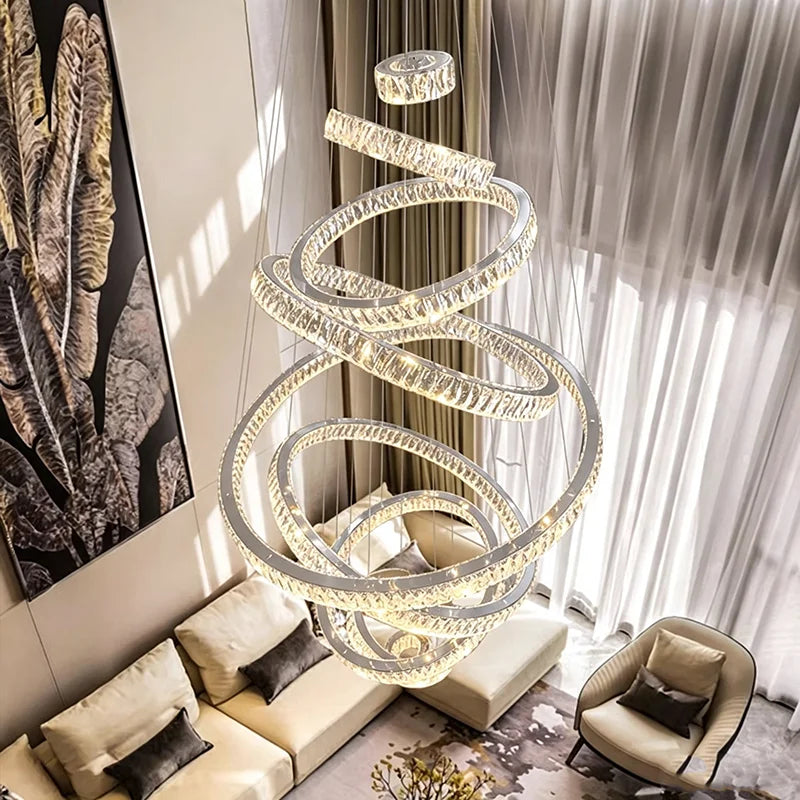 Crystal Ring Chandelier — Luxury Staircase Pendant, Remote Dimming