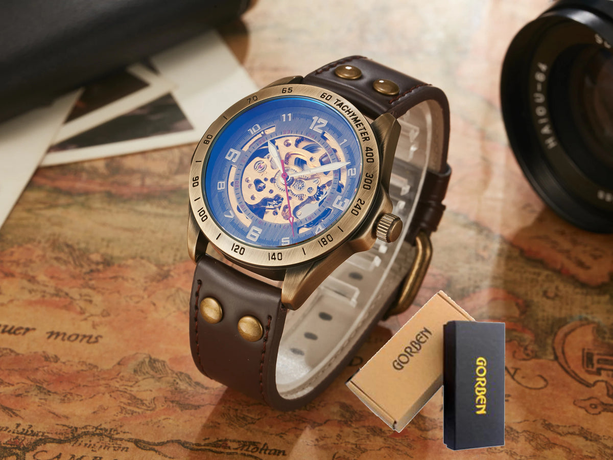Retro Style Men Automatic Mechanical Watch Skeleton Steampunk Genuine Leather Band Mens Self Winding Wrist Watches Men Reloj