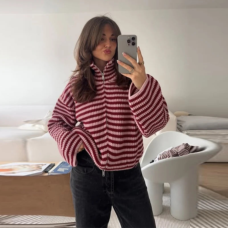 Women's Striped Zip-Up Knit Cardigan – Stand Collar, Loose Fit
