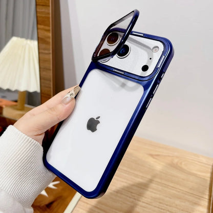 Plating Fold Glass Camera Stand Holder Clear Phone Case For iPhone 17 Pro Max 17 Pro Ultra Thin Transparent Shockproof PC Cover