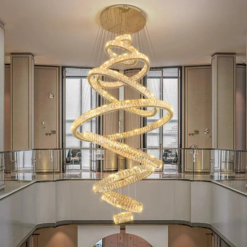 Crystal Ring Chandelier — Luxury Staircase Pendant, Remote Dimming