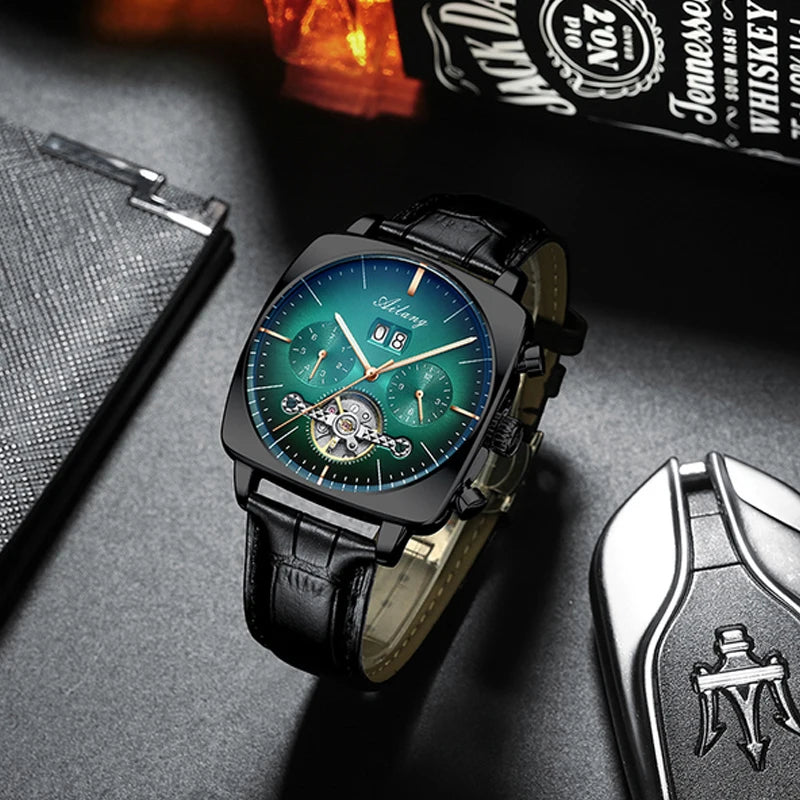 AILANG Men's Automatic Mechanical Watch – Hollow Dial, Calendar, Leather Strap