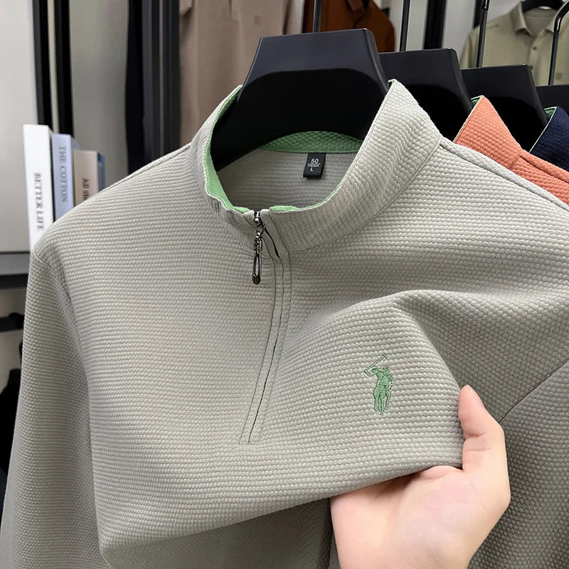 Men's Half-Zip Pony Embroidery Pullover – Stand-Collar Casual Top