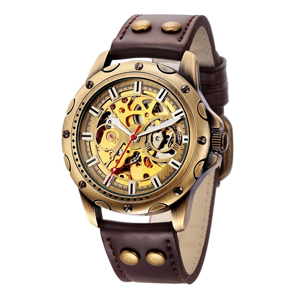 Retro Style Men Automatic Mechanical Watch Skeleton Steampunk Genuine Leather Band Mens Self Winding Wrist Watches Men Reloj