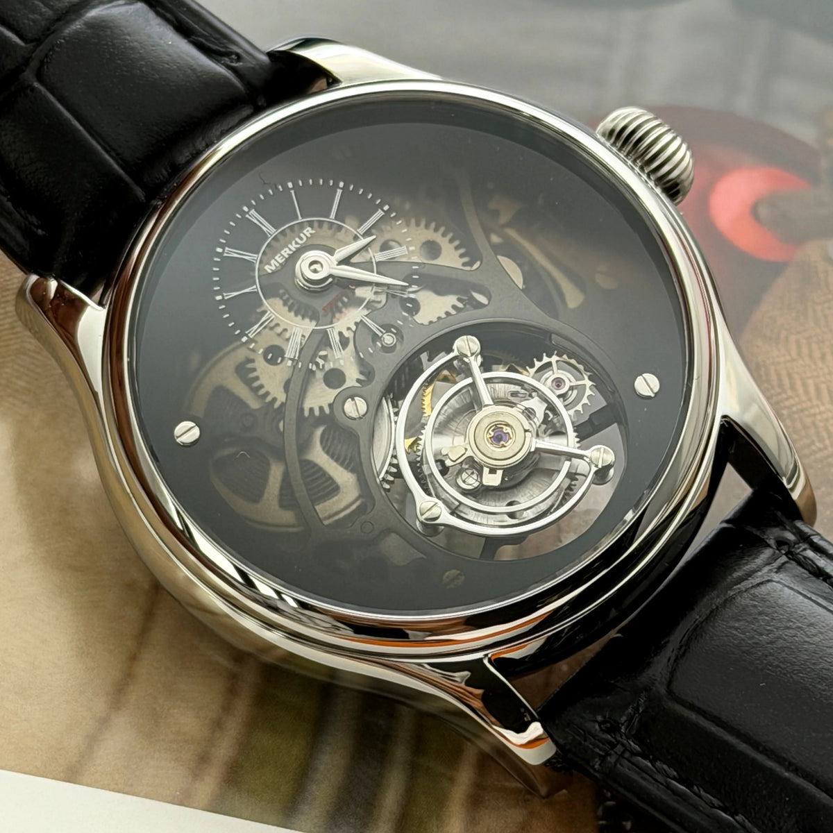 Merkur Men's Tourbillon Skeleton Watch – Sapphire, Transparent, 42mm