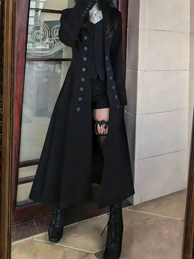 Women's Gothic Button Trench Coat – Vintage A-Line Retro Jacket