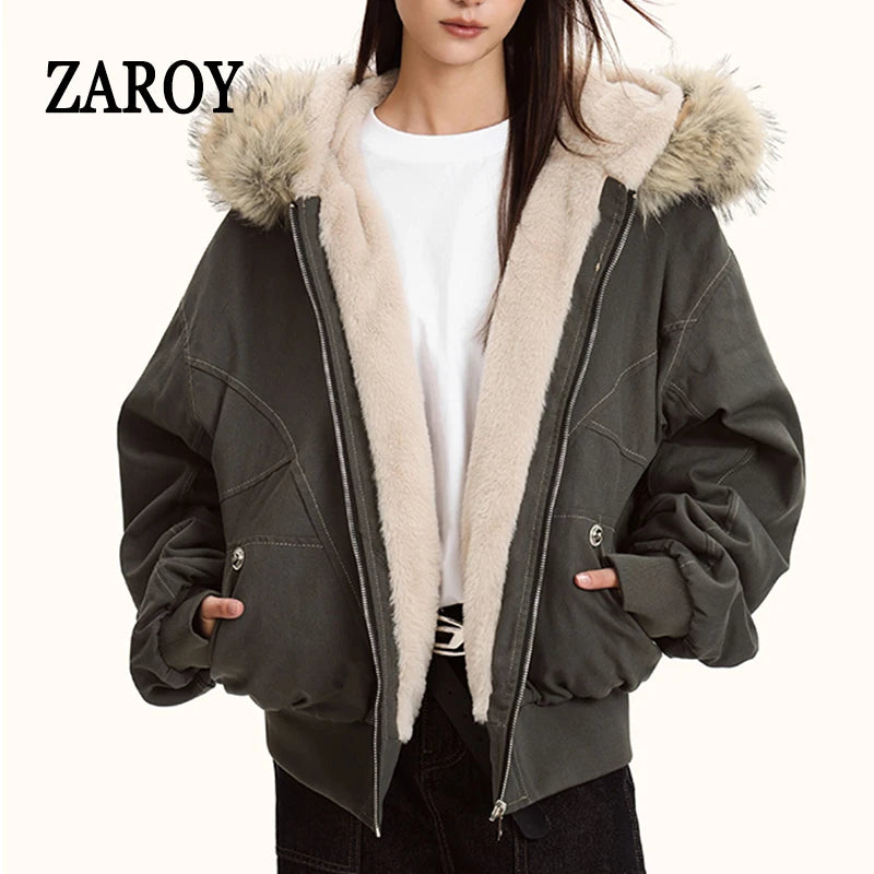 ZAROY Fur-Collar Hooded Parka – Thick Padded Y2K Winter Coat