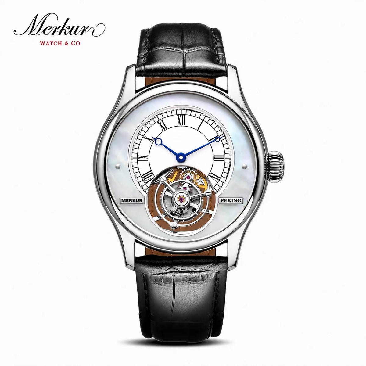 Merkur Men's Tourbillon Watch – Sapphire, Mother of Pearl Dial, 42mm