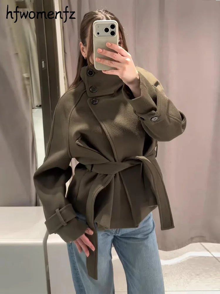 Women's Belted Wool-Blend Winter Coat – Asymmetric Lace-Up Design