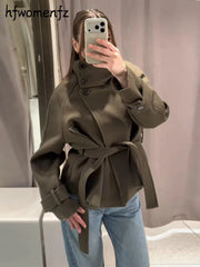 Women's Belted Wool-Blend Winter Coat – Asymmetric Lace-Up Design