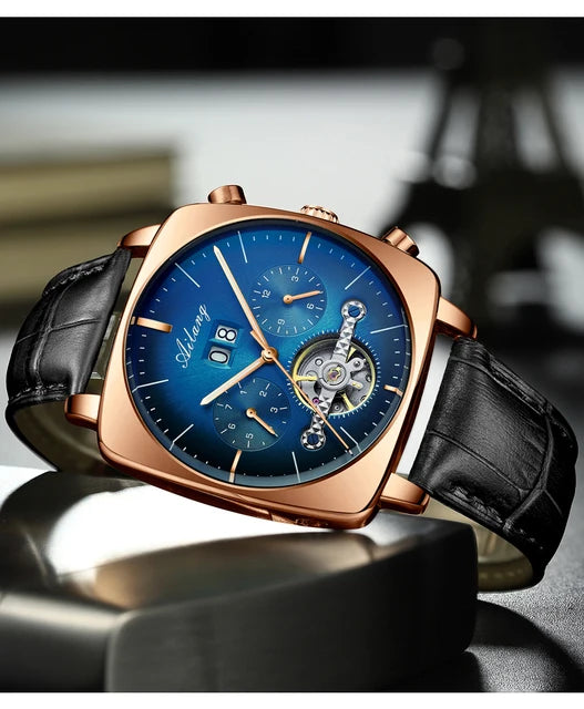 AILANG Men's Automatic Mechanical Watch – Hollow Dial, Calendar, Leather Strap
