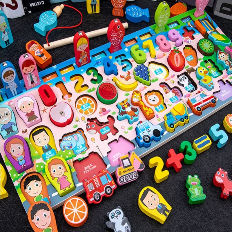 7-in-1 Wooden Learning Board & Magnetic Fishing Game