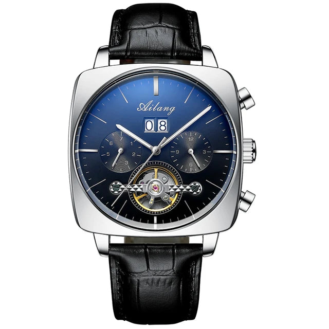 AILANG Men's Automatic Mechanical Watch – Hollow Dial, Calendar, Leather Strap