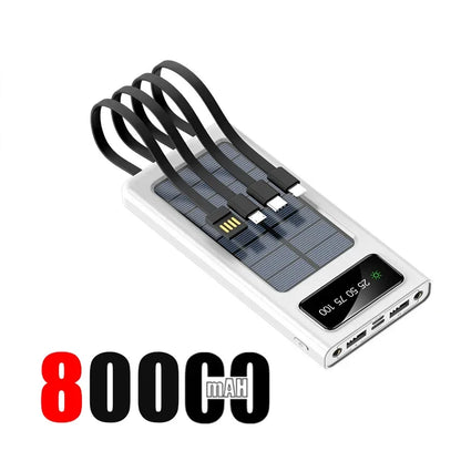 200000mAh Solar Power Bank Large Capacity Super Fast Charging Digital Display 4 Cables External Battery For iphone 16 15 Xiaomi