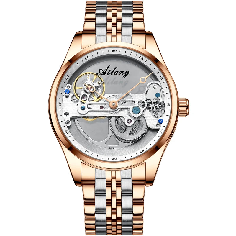 AILANG Men's Hollow Automatic Mechanical Watch – Black Leather, Skeleton Dial