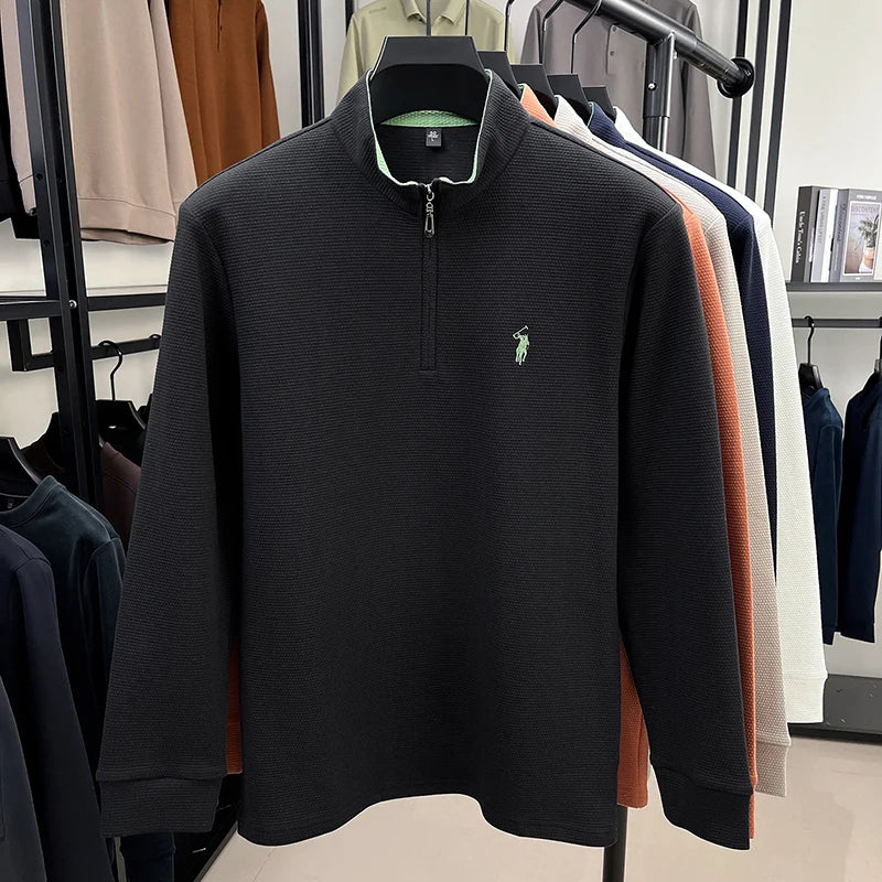 Men's Half-Zip Pony Embroidery Pullover – Stand-Collar Casual Top