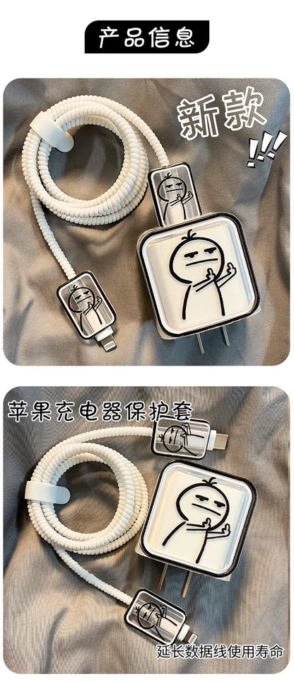 Creative Line Cute Case for iPhone 15 14 13 Pro Max 18/20W Charger Charging Protector Data Wire Winder Simple Line Art Cover