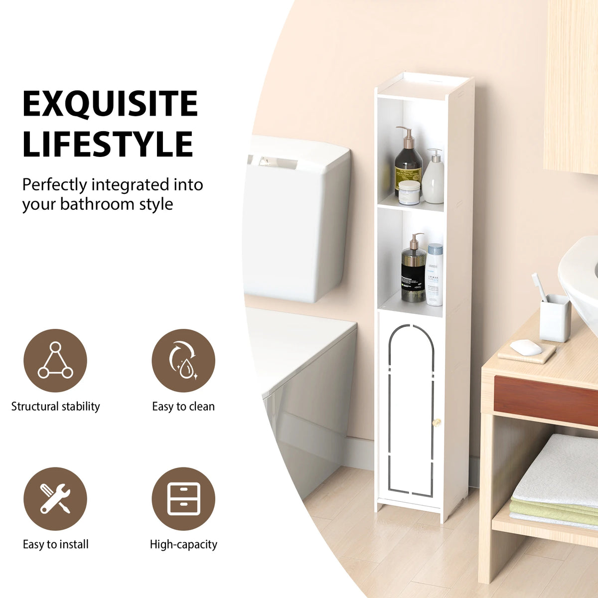 4-Tier White Bathroom Floor Cabinet – Freestanding Storage Unit with Doors