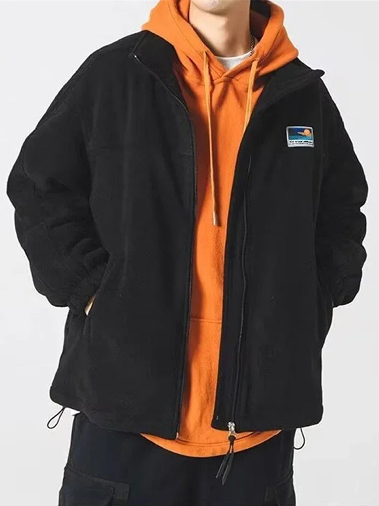 Autumn Men's Vintage Polar Fleece Jackets Appliques Zipper Loose Fit Outwear Lambswool Coat Winter Stand Collar Bomber Jacket