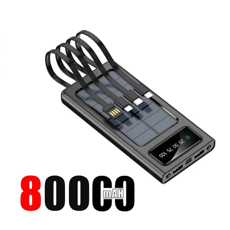 200000mAh Solar Power Bank Large Capacity Super Fast Charging Digital Display 4 Cables External Battery For iphone 16 15 Xiaomi