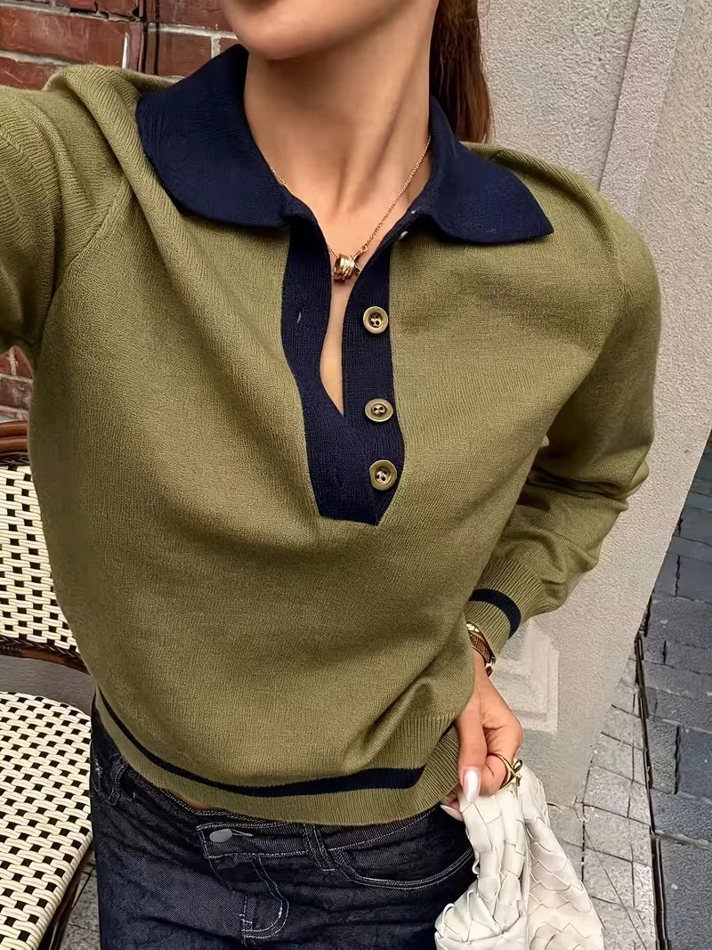 Women's Colour-Block Polo Neck Knit Top – Slim Fit Korean Style
