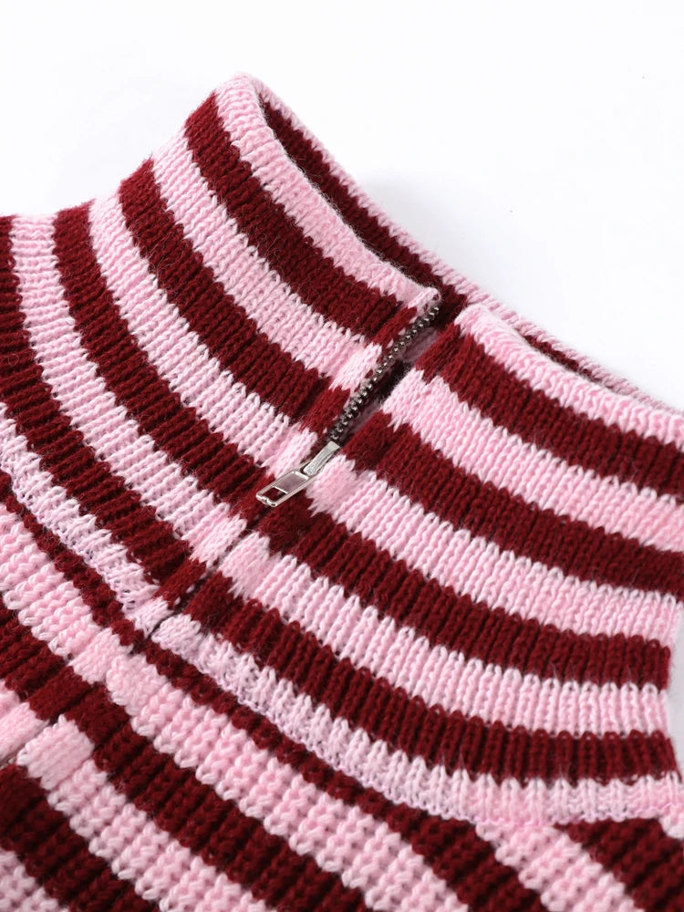 Women's Striped Zip-Up Knit Cardigan – Stand Collar, Loose Fit