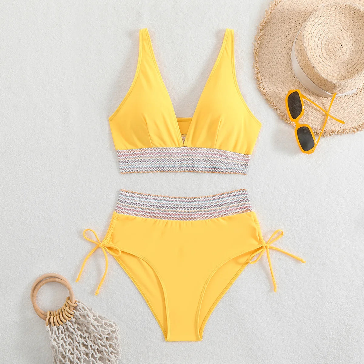 2024 Solid Color Drawstring Bikini Set Fashion High Waist Separate Patchwork Swimwear Drawstring Women Swimsuit Women