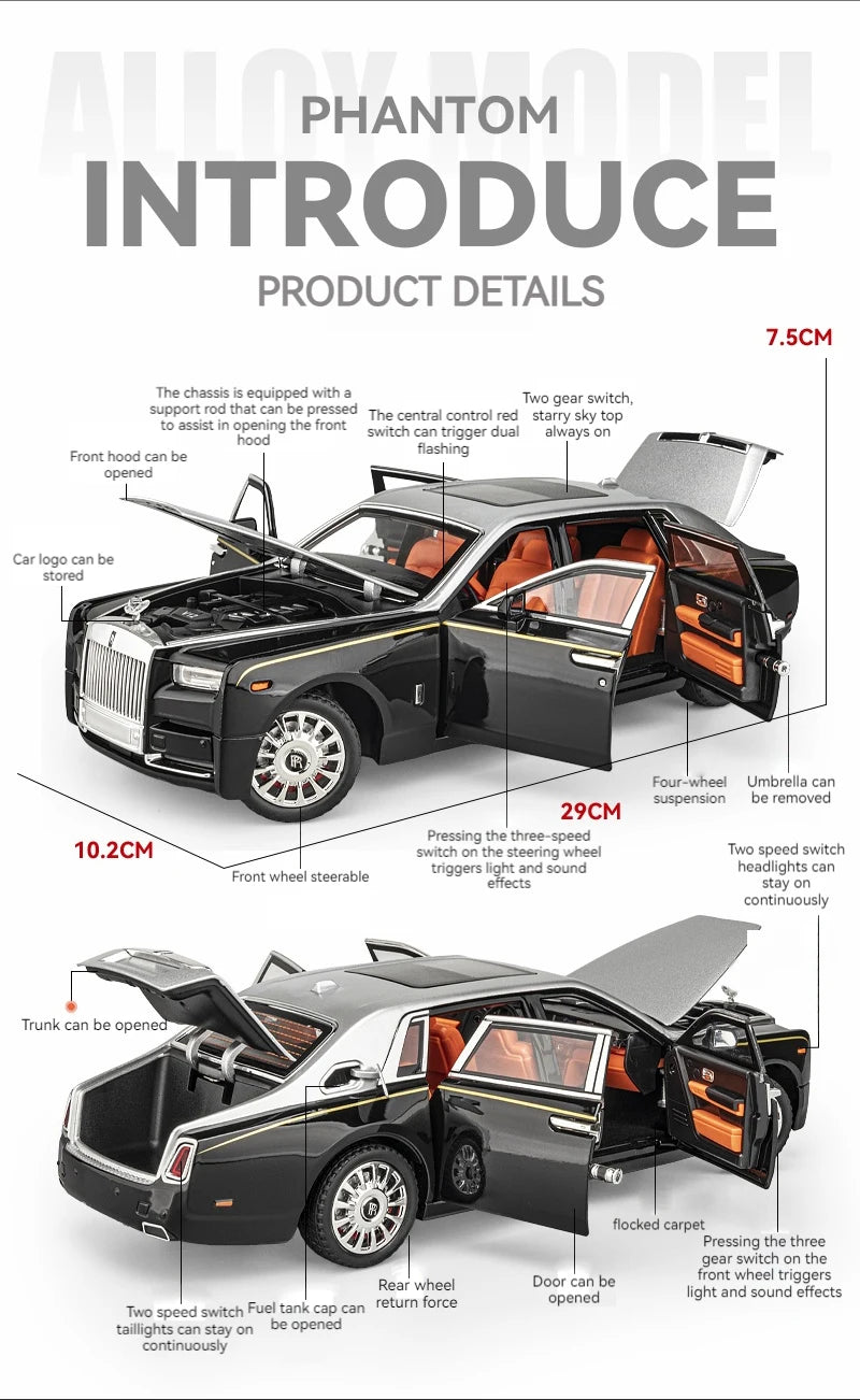 Rolls-Royce Phantom 1:18 Diecast Model – Pull-Back Car, Sound & Light