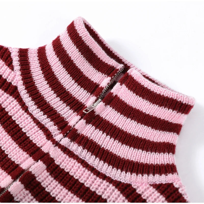 Women's Striped Zip-Up Knit Cardigan – Stand Collar, Loose Fit