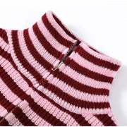 Women's Striped Zip-Up Knit Cardigan – Stand Collar, Loose Fit