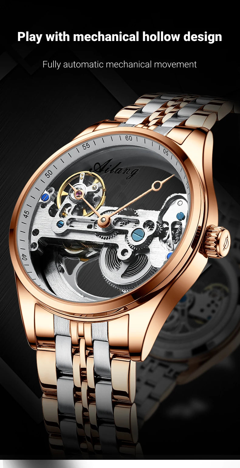 AILANG Men's Hollow Automatic Mechanical Watch – Black Leather, Skeleton Dial