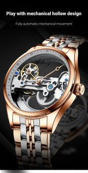 AILANG Men's Hollow Automatic Mechanical Watch – Black Leather, Skeleton Dial
