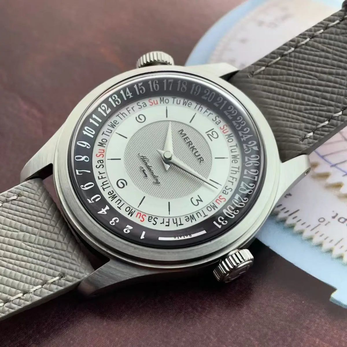 Merkur Men's Dual Crown Calendar Week Watch – Manual, Retro 38mm