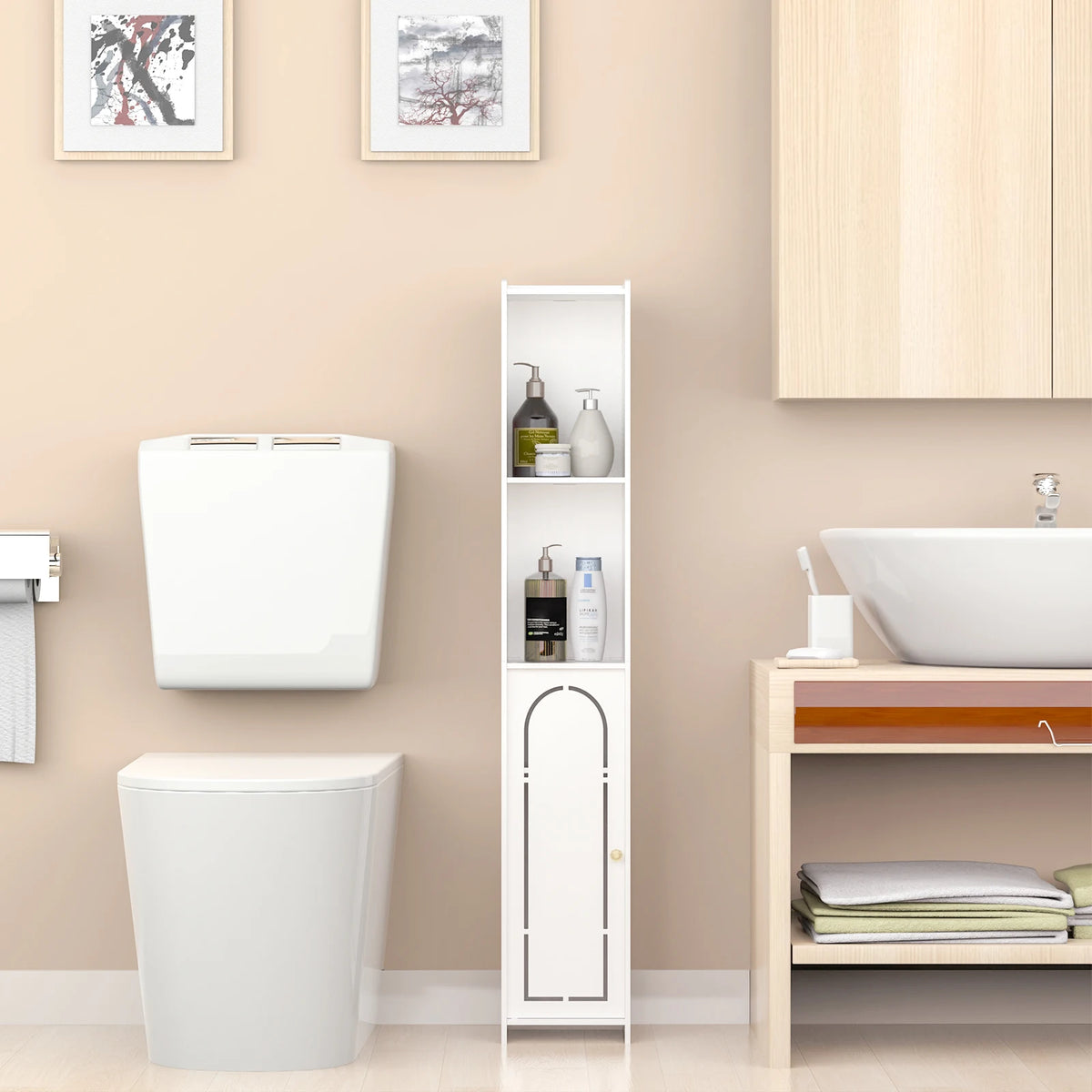 4-Tier White Bathroom Floor Cabinet – Freestanding Storage Unit with Doors
