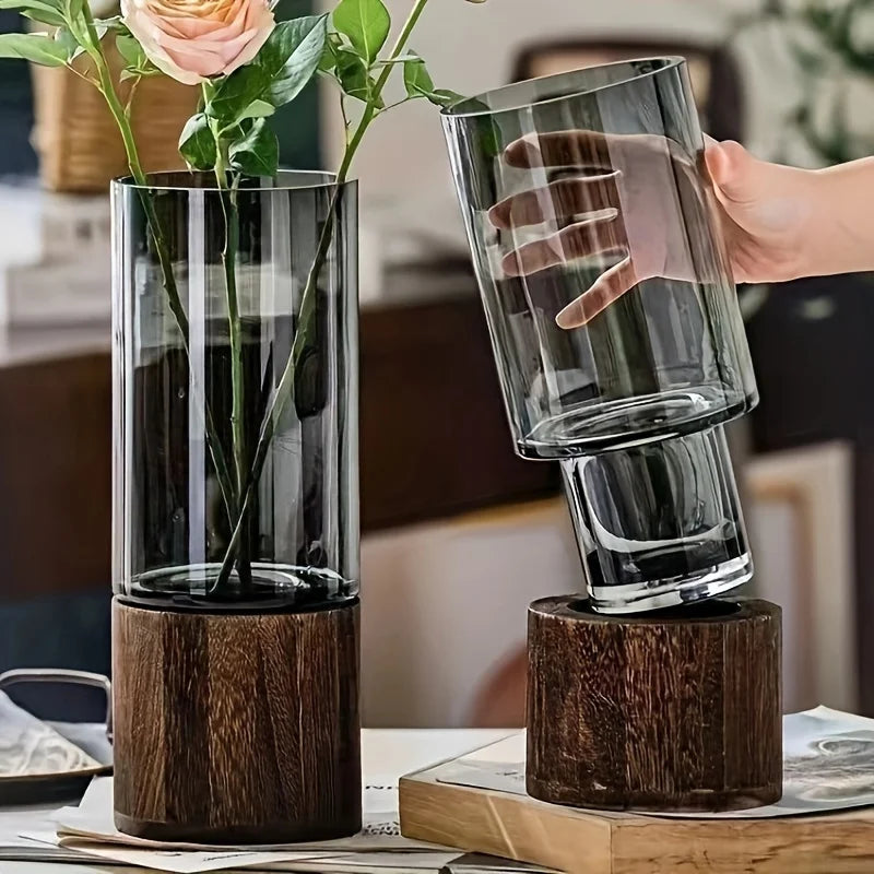 Elegant Glass Vase with Wooden Base – Hydroponic Plant Vase & Tabletop Decor