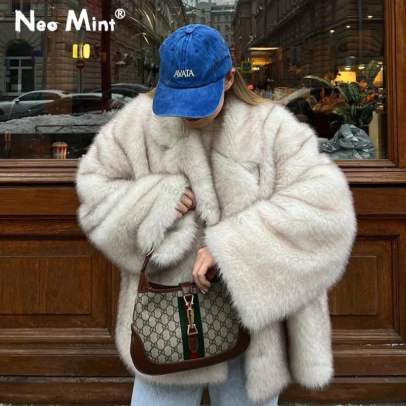 Neo Mint Women's Oversized Faux Fur Coat – Gradient Fluffy Winter Jacket