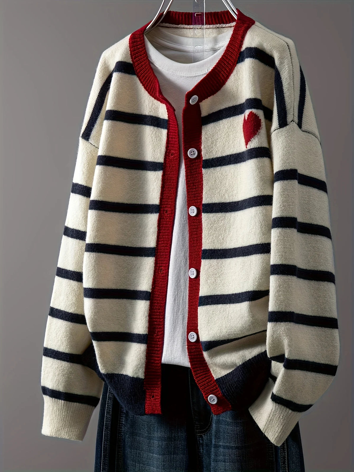 Women's Striped Heart Knit Cardigan – Cute Button-Front Sweater