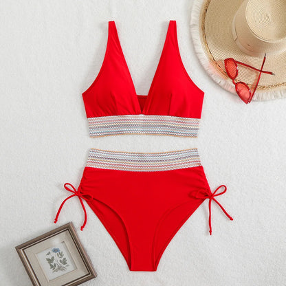 2024 Solid Color Drawstring Bikini Set Fashion High Waist Separate Patchwork Swimwear Drawstring Women Swimsuit Women