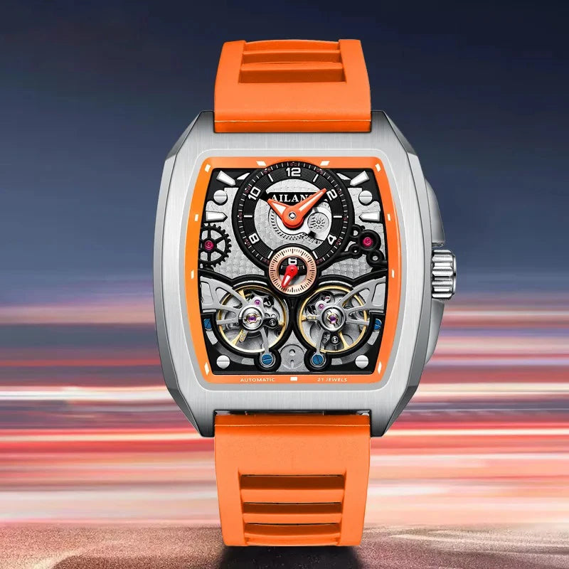 AILANG Men's Double Tourbillon Automatic Watch – Silicone Strap, Luminous