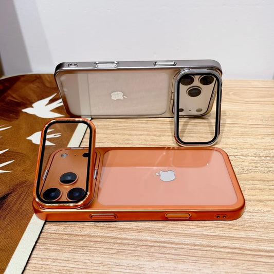 Plating Fold Glass Camera Stand Holder Clear Phone Case For iPhone 17 Pro Max 17 Pro Ultra Thin Transparent Shockproof PC Cover