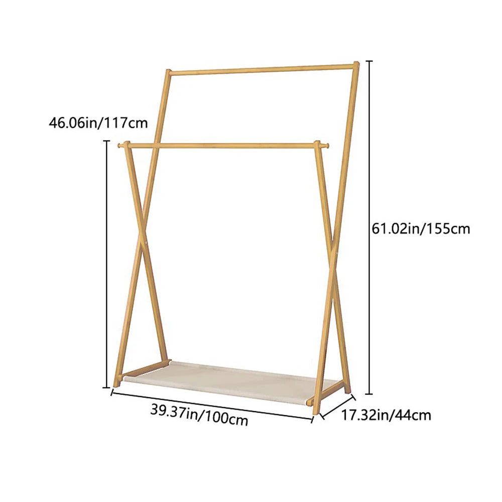 Bamboo Double-Rod Clothes Rack – Sturdy Garment Rail with Hooks