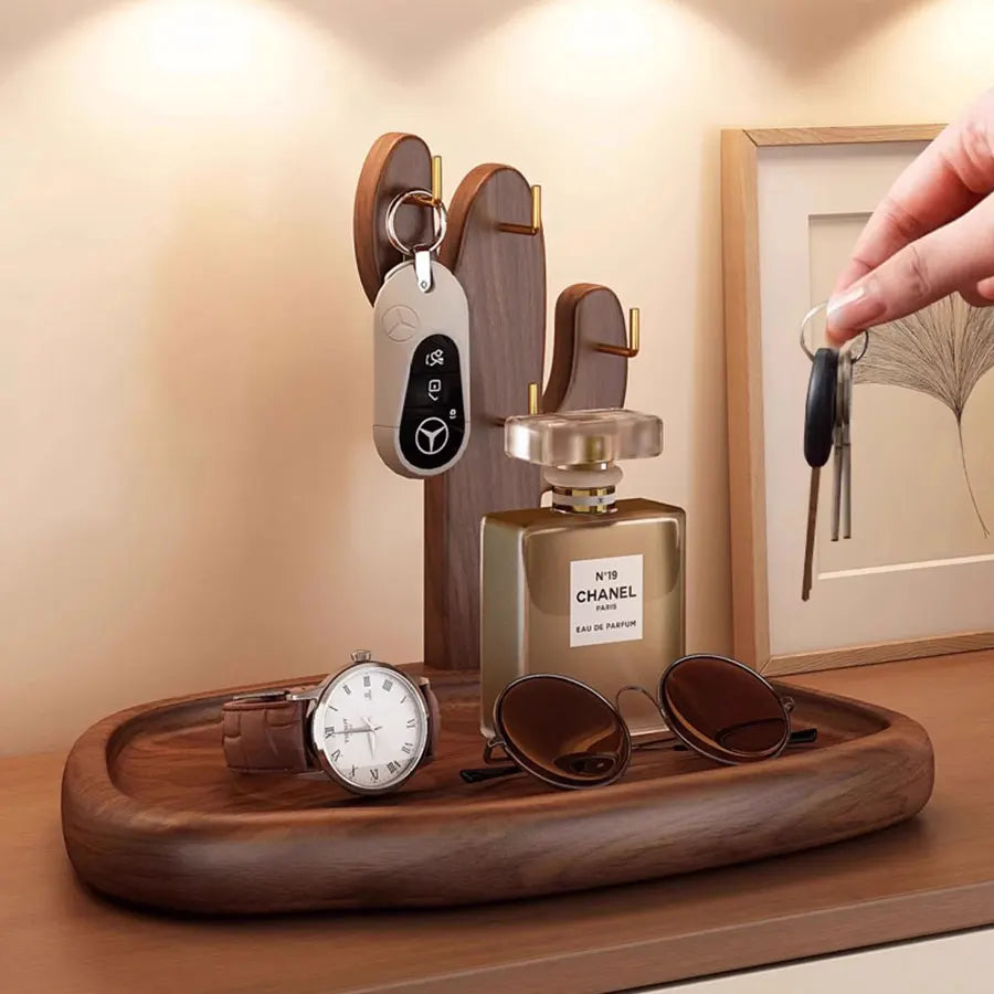 Retro Wooden Key Hanging Rack – Entrance Organiser with Watch & Glasses Display