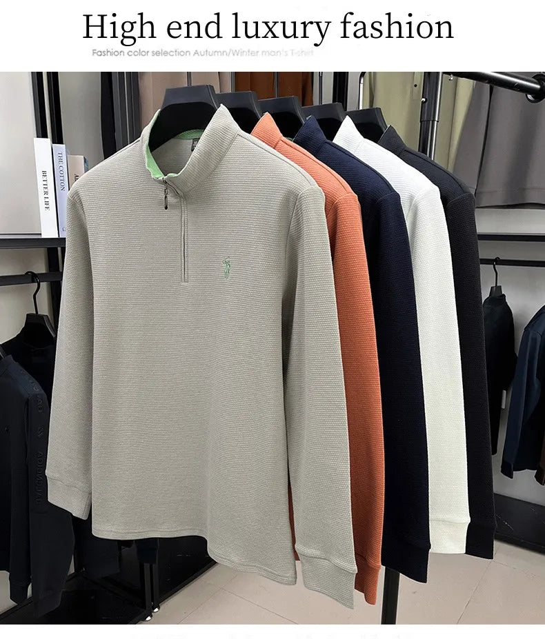 Men's Half-Zip Pony Embroidery Pullover – Stand-Collar Casual Top